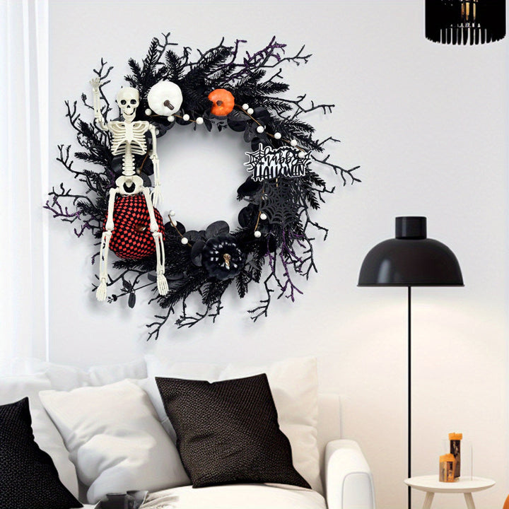 Halloween Gothic Skeleton Pumpkin Wreath – Spooky Autumn Decoration with Pumpkins &amp; Black Branches