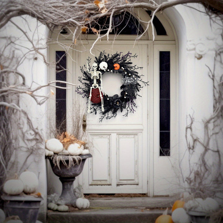 Halloween Gothic Skeleton Pumpkin Wreath – Spooky Autumn Decoration with Pumpkins &amp; Black Branches
