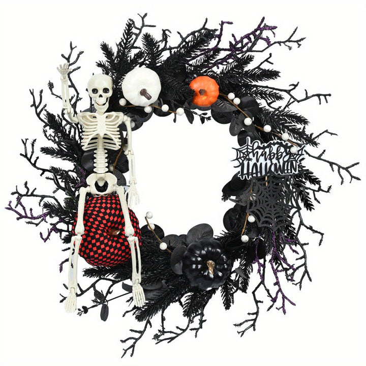 Halloween Gothic Skeleton Pumpkin Wreath – Spooky Autumn Decoration with Pumpkins &amp; Black Branches