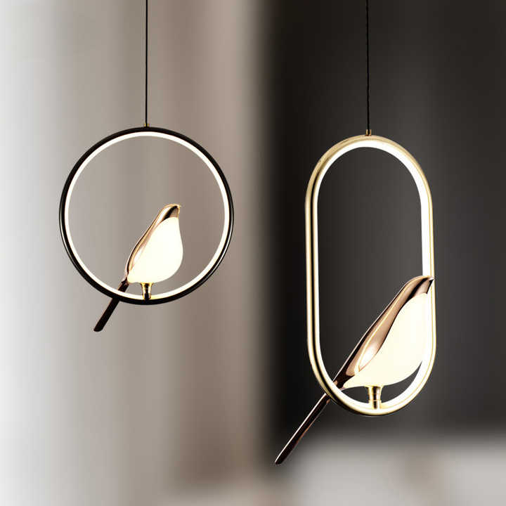 Pendant lamp with bird element and oval frame in a modern design