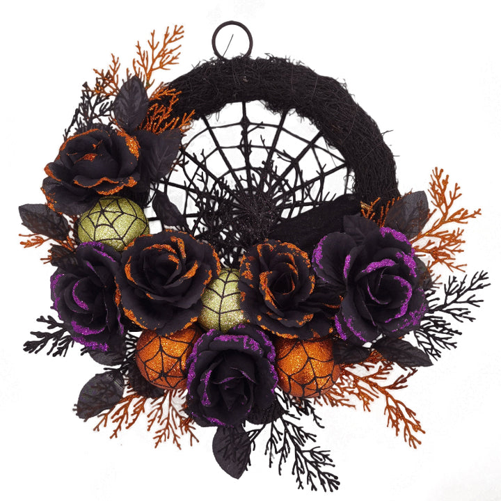 Halloween Gothic door wreath with spider web – Black roses &amp; glitter accents for spooky autumn decoration