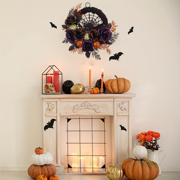 Halloween Gothic door wreath with spider web – Black roses &amp; glitter accents for spooky autumn decoration
