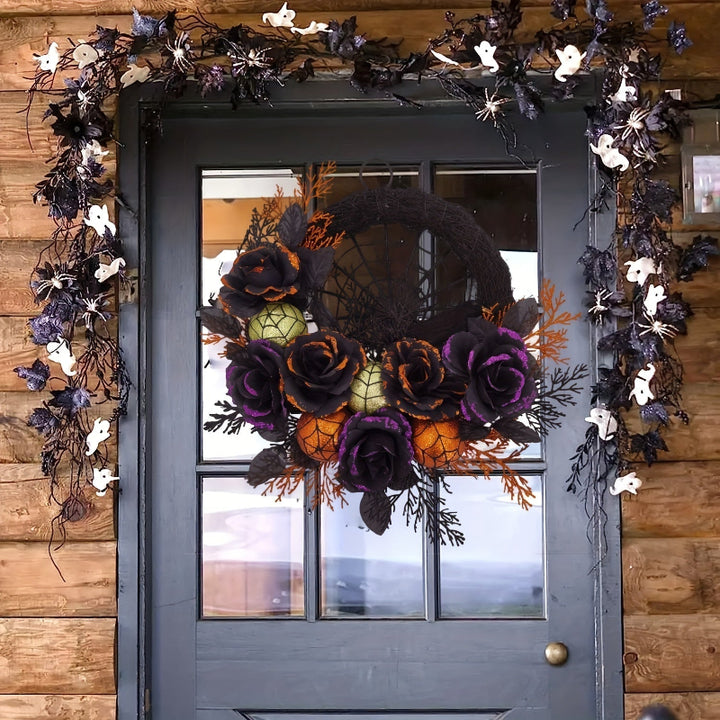 Halloween Gothic door wreath with spider web – Black roses &amp; glitter accents for spooky autumn decoration