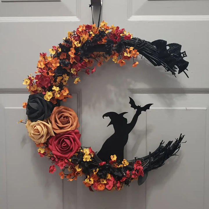 Autumnal witch's wreath with crescent moon – Rustic Halloween door decoration