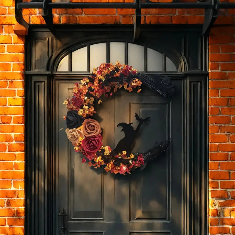 Autumnal witch's wreath with crescent moon – Rustic Halloween door decoration