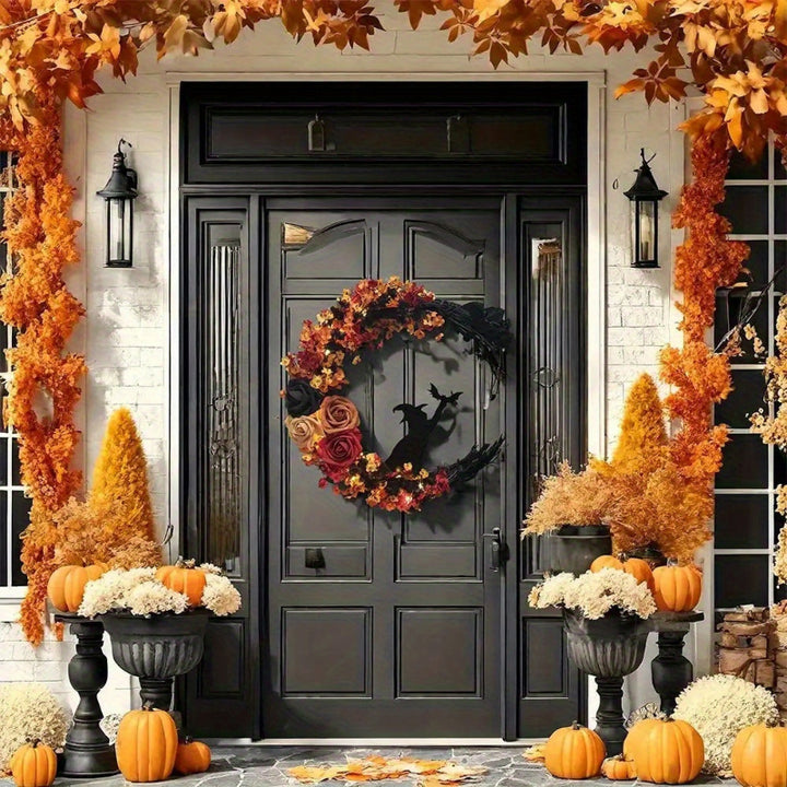 Autumnal witch's wreath with crescent moon – Rustic Halloween door decoration