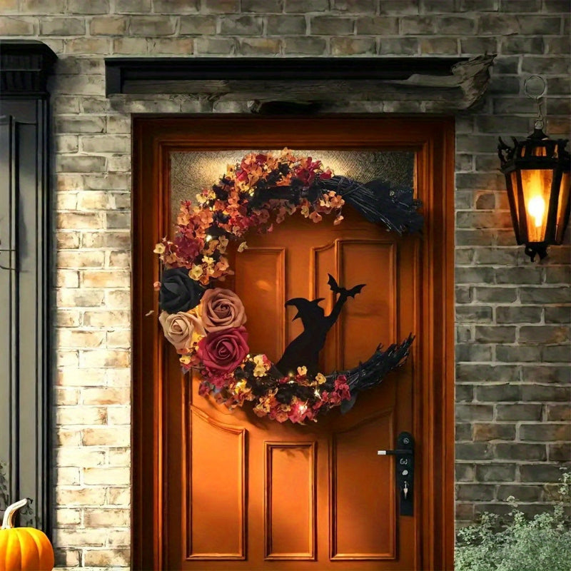 Autumnal witch's wreath with crescent moon – Rustic Halloween door decoration