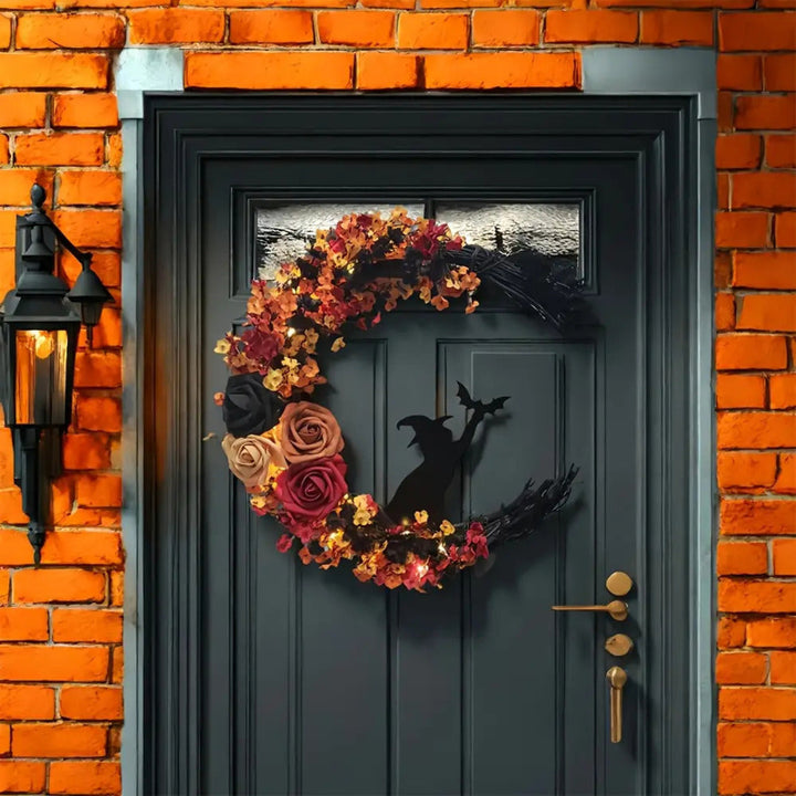 Autumnal witch's wreath with crescent moon – Rustic Halloween door decoration