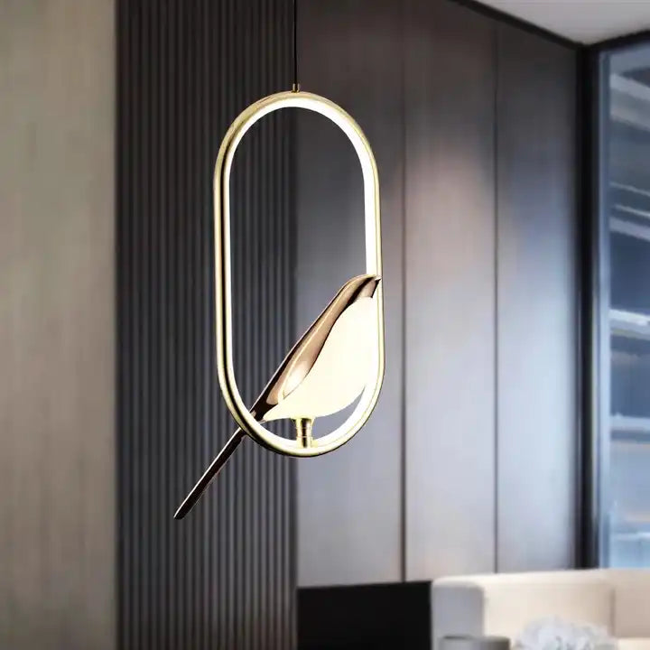 Pendant lamp with bird element and oval frame in a modern design