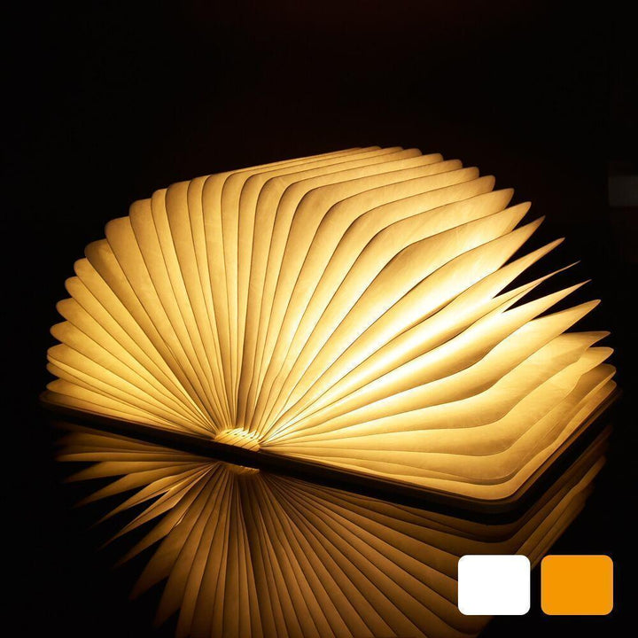 Foldable LED book lamp with wood look and rechargeable battery