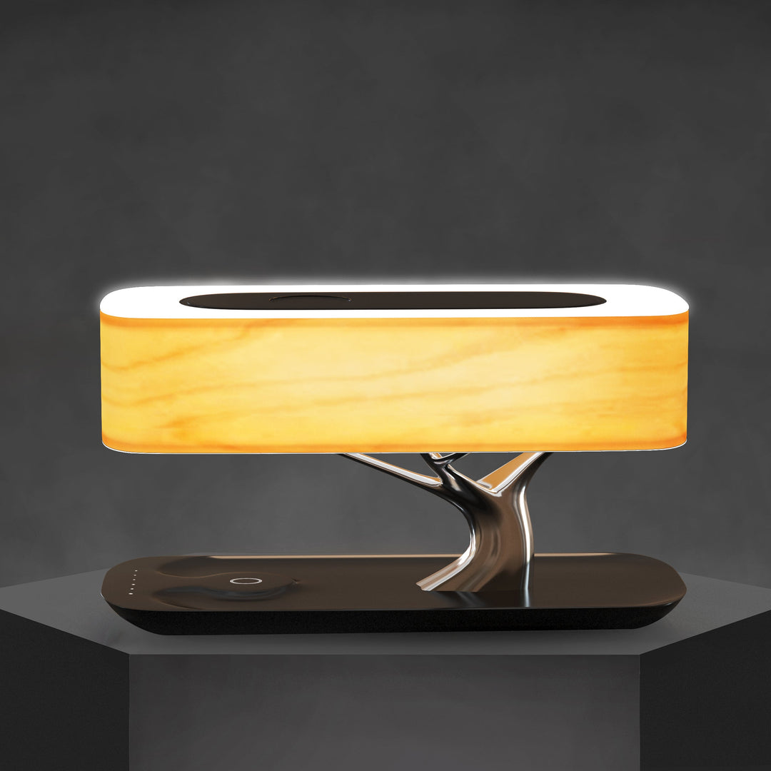Designer LED table lamp with wood look, Bluetooth speaker and wireless charging function