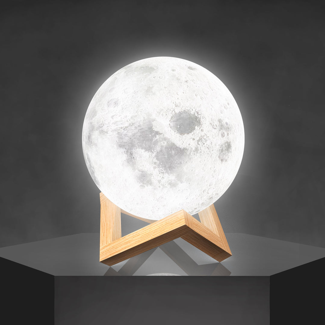 Wireless LED moon lamp with wooden stand and 6 light colors