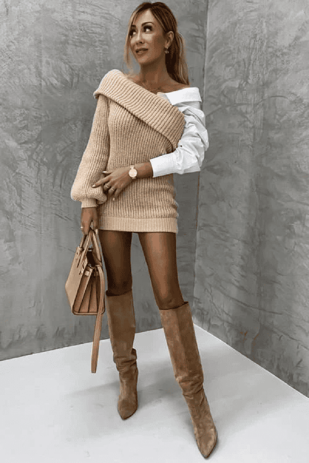 Women's knitted dress with off-shoulder design and heart embroidery