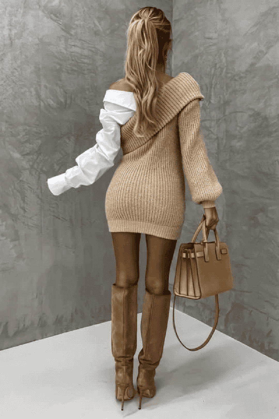 Women's knitted dress with off-shoulder design and heart embroidery