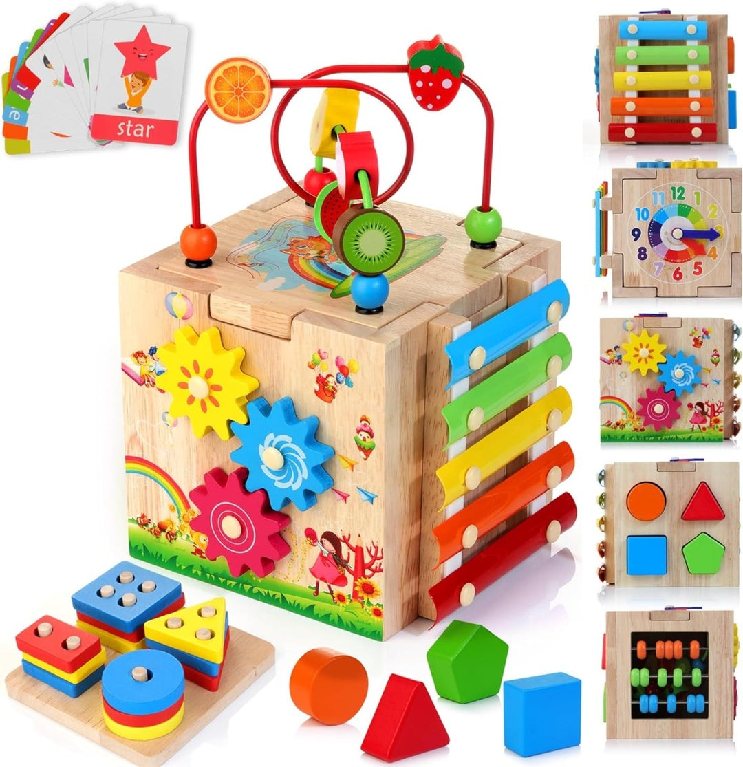 8-in-1 wooden learning cube in Montessori style for toddlers