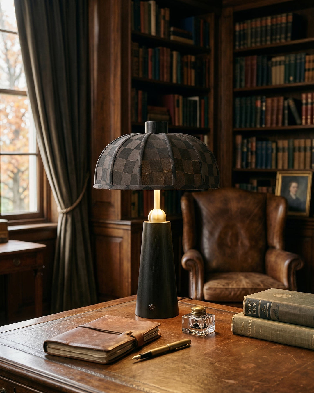 Tischlampe als Wohnaccessoire mit Holzsockel und Stoffschirm