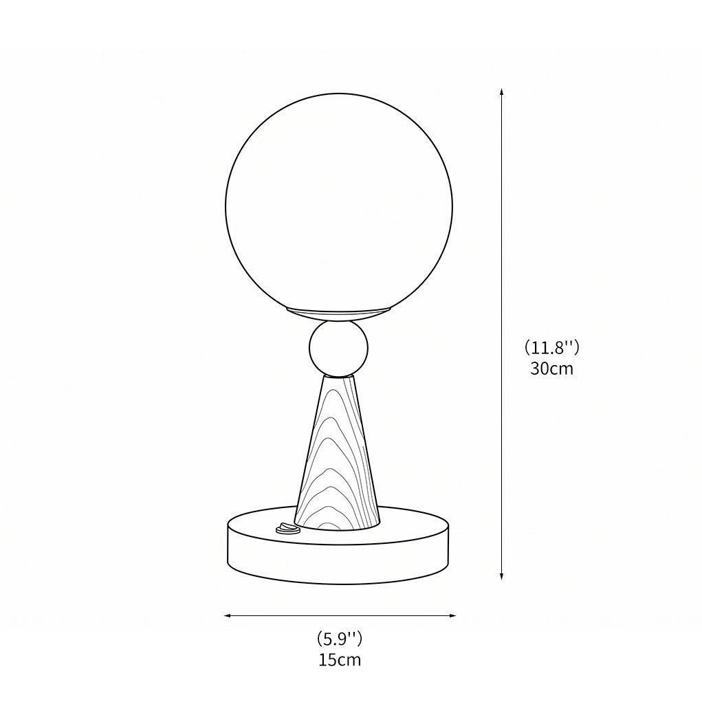 Detailansicht der Tischlampe mit natürlichem Holzsockel und rundem Glas