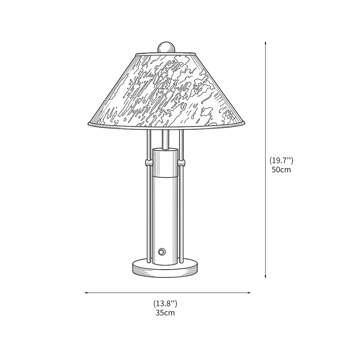 Seitenansicht der Tischlampe aus Holz und Metall mit Stoffschirm