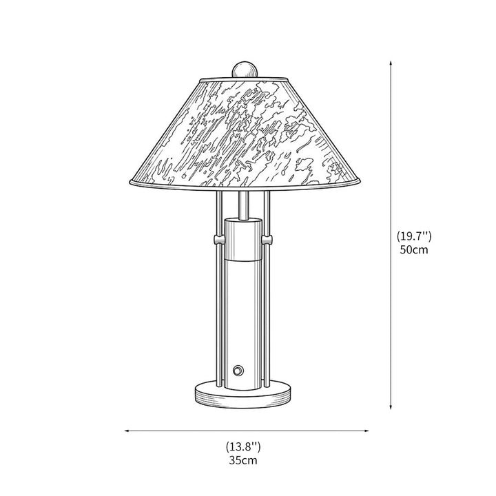 Seitenansicht der Tischlampe aus Holz und Metall mit Stoffschirm
