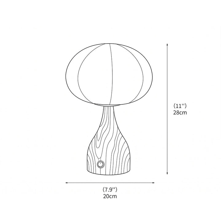 Detailansicht der Tischlampe mit strukturiertem Glas und Oberfläche in Walnussoptik