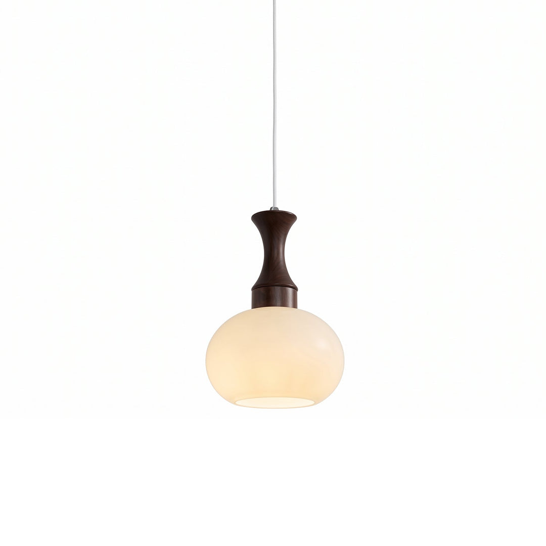 Moderne Pendelleuchte aus Holz und Glas in klarer Frontansicht