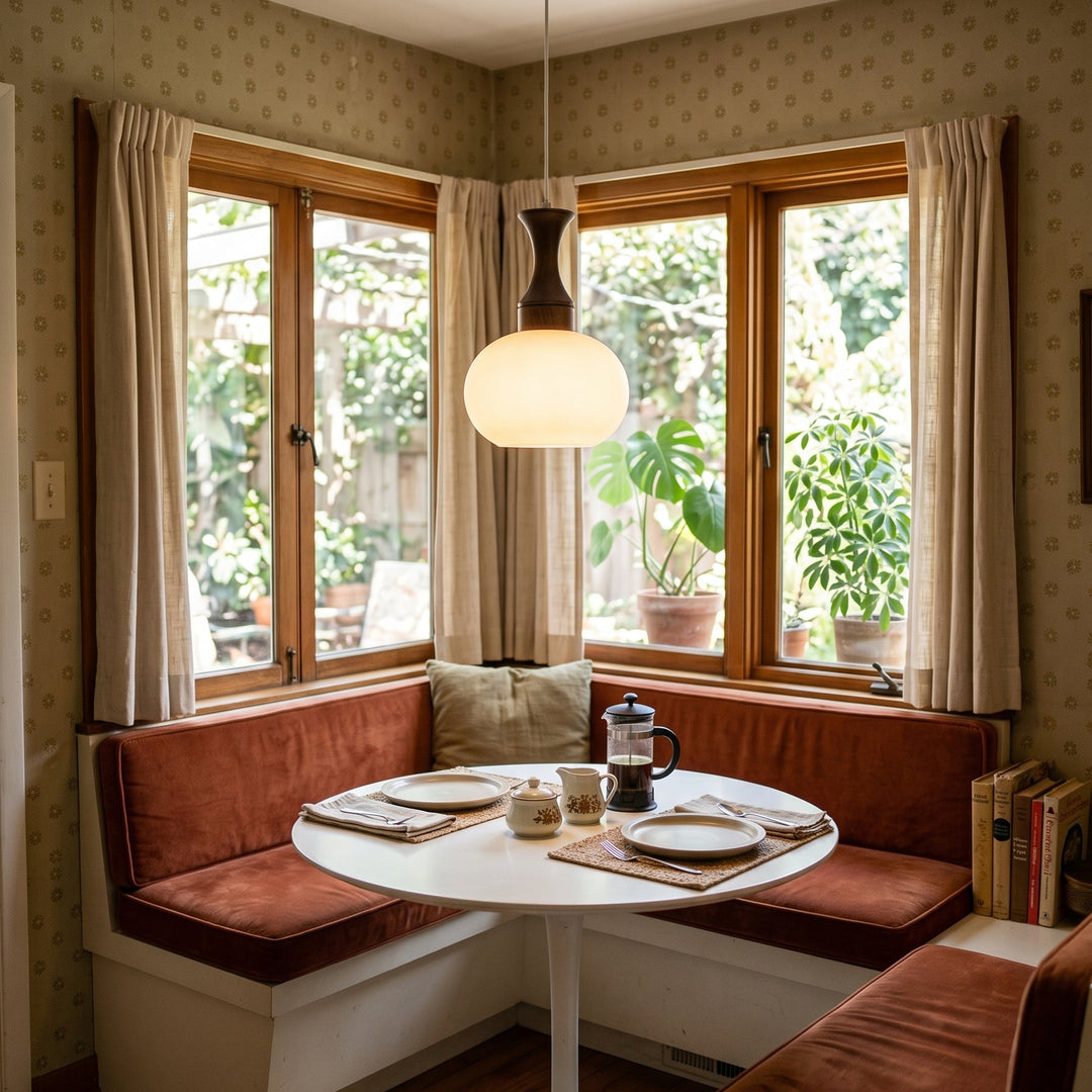 Moderne Deckenleuchte als Pendelleuchte aus Holz und Glas