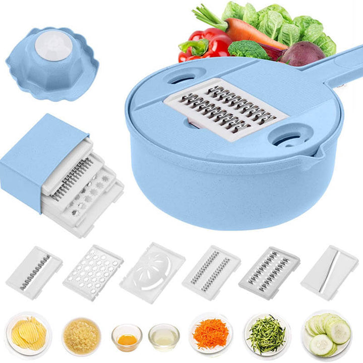 12-in-1 vegetable slicer with interchangeable blades and collection container