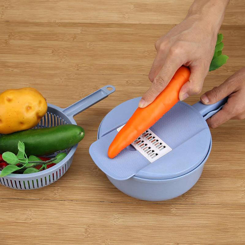 12-in-1 vegetable slicer with interchangeable blades and collection container