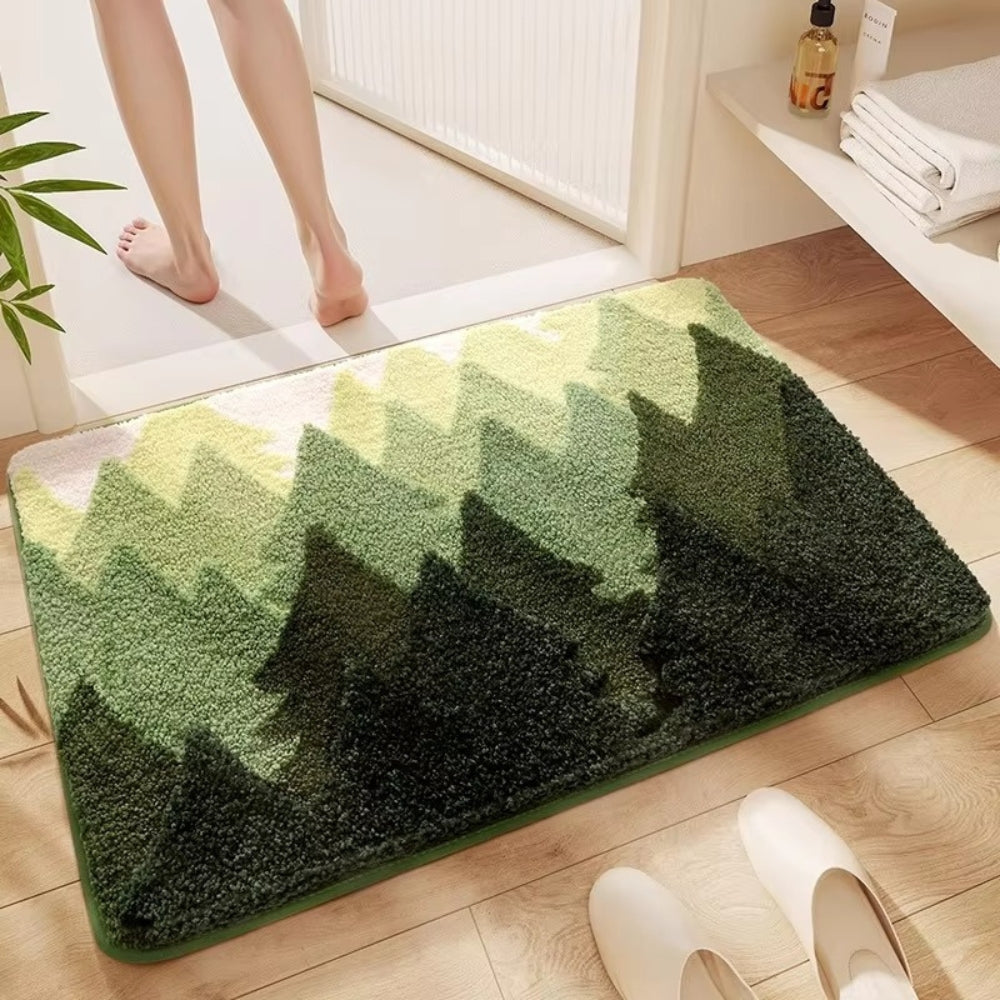 Bathroom mat with nature motif – Non-slip microfiber mat with mountain design