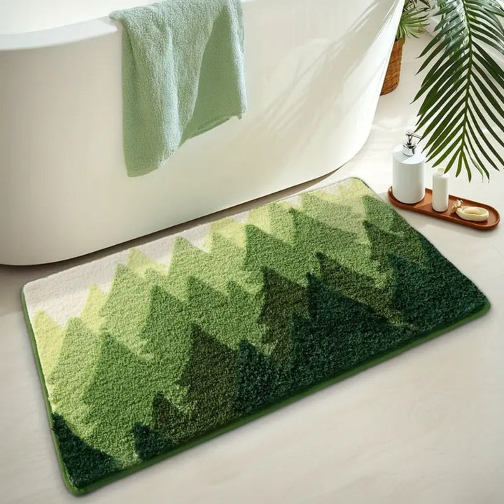 Bathroom mat with nature motif – Non-slip microfiber mat with mountain design
