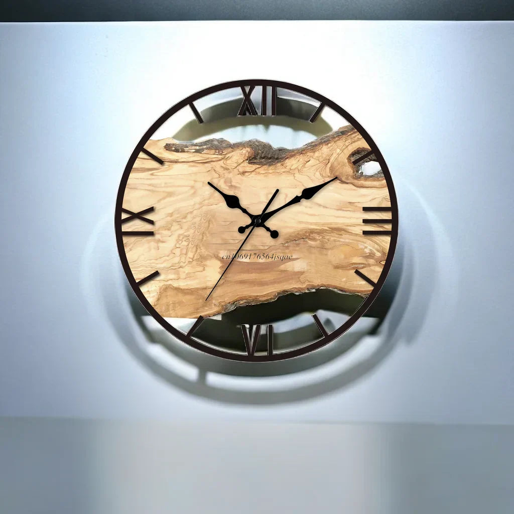 Modern wall clock made of acrylic with wood grain and silent clock mechanism 
