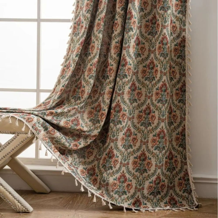 Floral patterned curtain – Boho curtain with tassel hem
