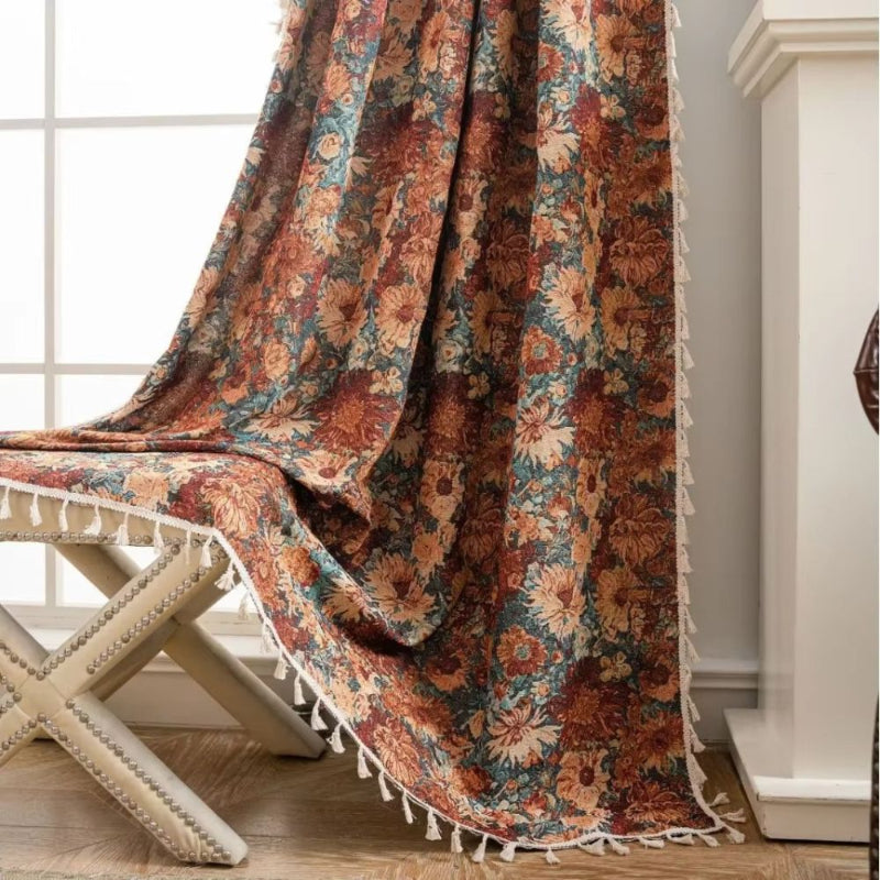 Floral patterned curtain – Boho curtain with tassel hem