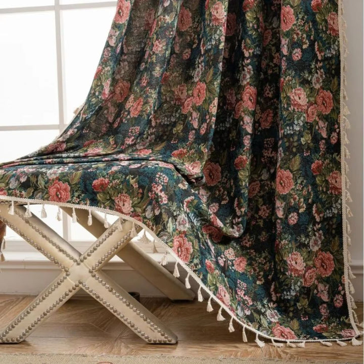 Floral patterned curtain – Boho curtain with tassel hem