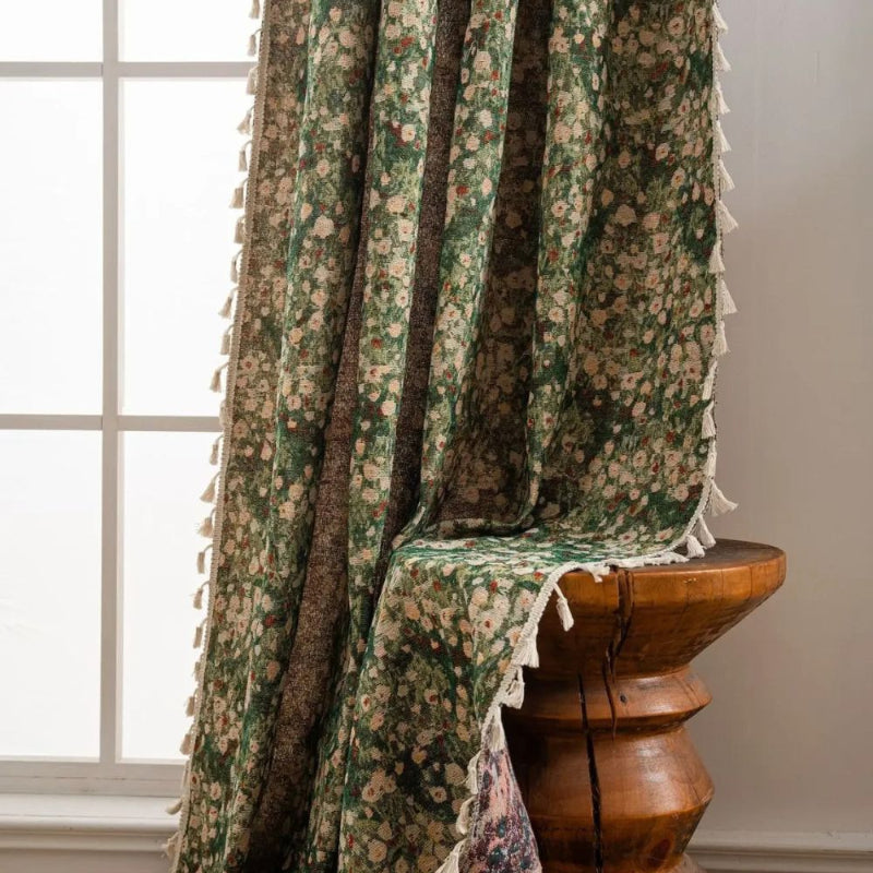 Floral patterned curtain – Boho curtain with tassel hem