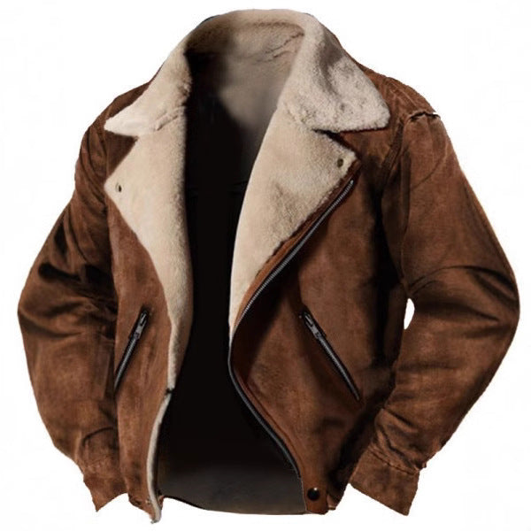 Men's suede jacket with fur lining and retro lapels 