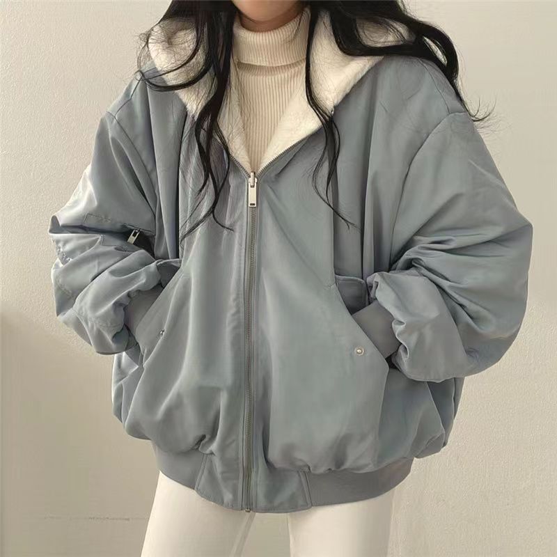 Women's Oversized Bomber Jacket with Hood and Utility Pockets 