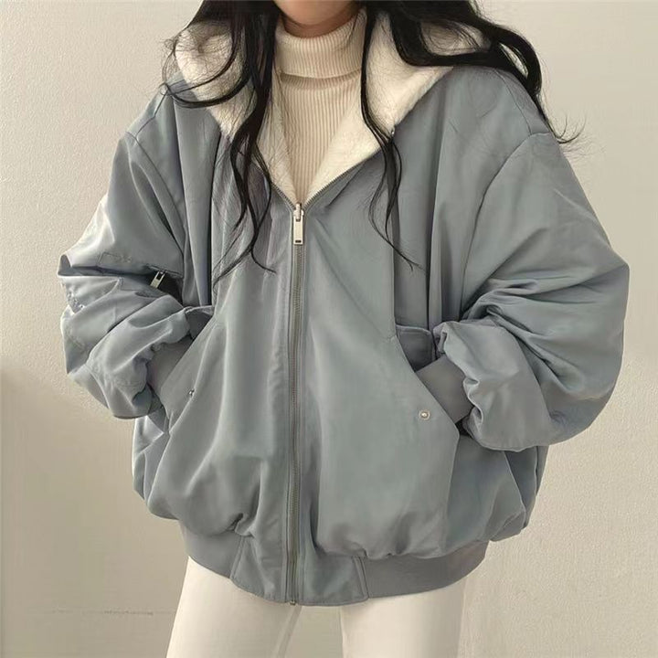Women's Oversized Bomber Jacket with Hood and Utility Pockets 