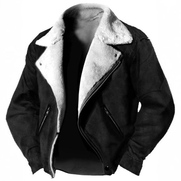 Men's suede jacket with fur lining and retro lapels 