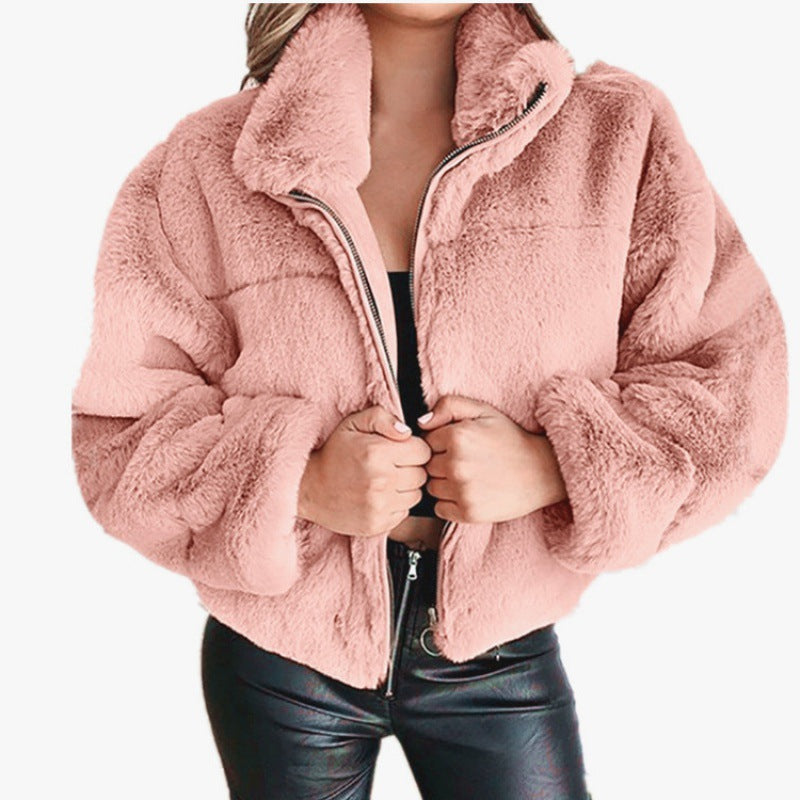 Women's faux fur coat with oversized cut and high collar 