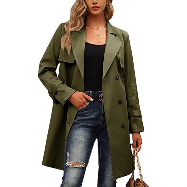 Women's Long Coat with Double-Breasted Cut and Tailored Shape