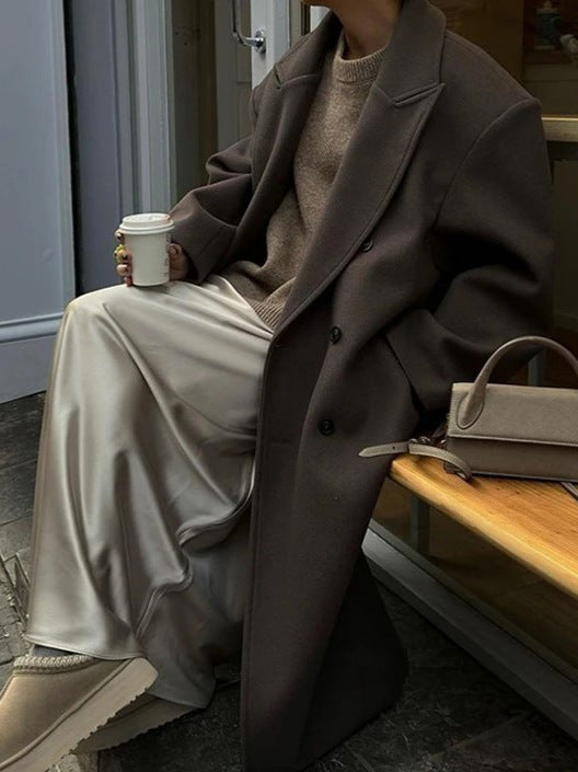 Women's Oversized Coat with Notched Collar and Double Button Row