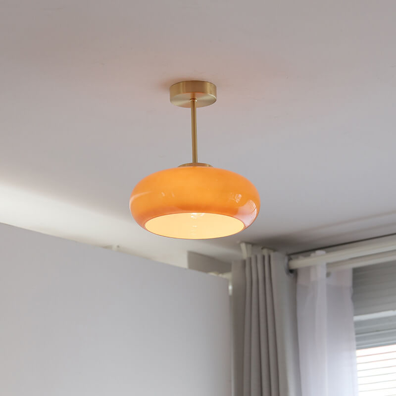 Vintage ceiling light, yellow glass &amp; brass – semi-flat &amp; modern
