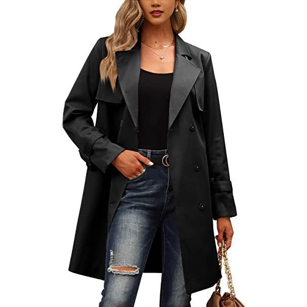 Women's Long Coat with Double-Breasted Cut and Tailored Shape