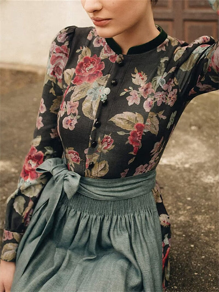 Women's Dirndl Dress Black with Floral Pattern and Apron