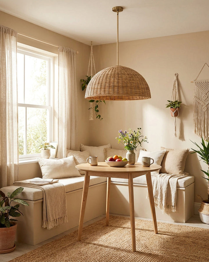 Detailansicht der geflochtenen Halbkugel-Pendelleuchte aus Rattan