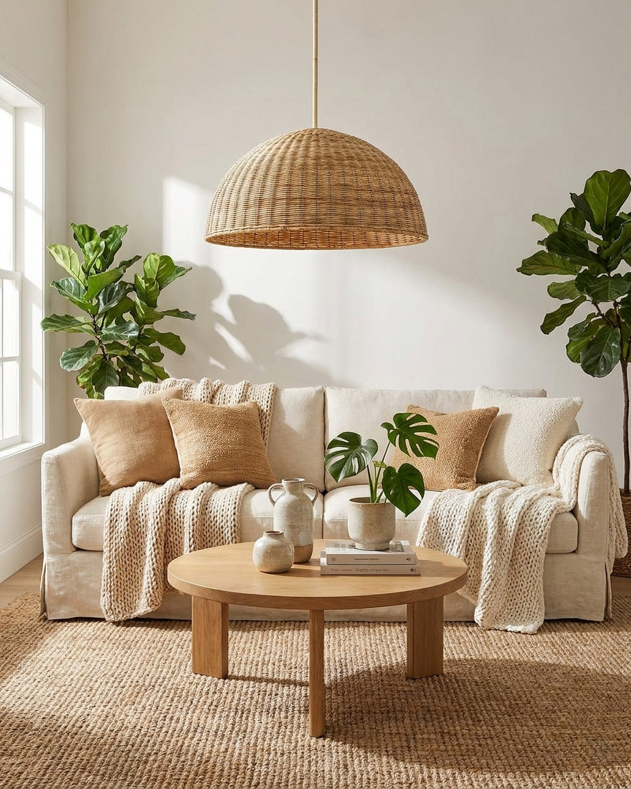 Rattan-Pendelleuchte mit natürlicher Flechtstruktur in halbrunder Form
