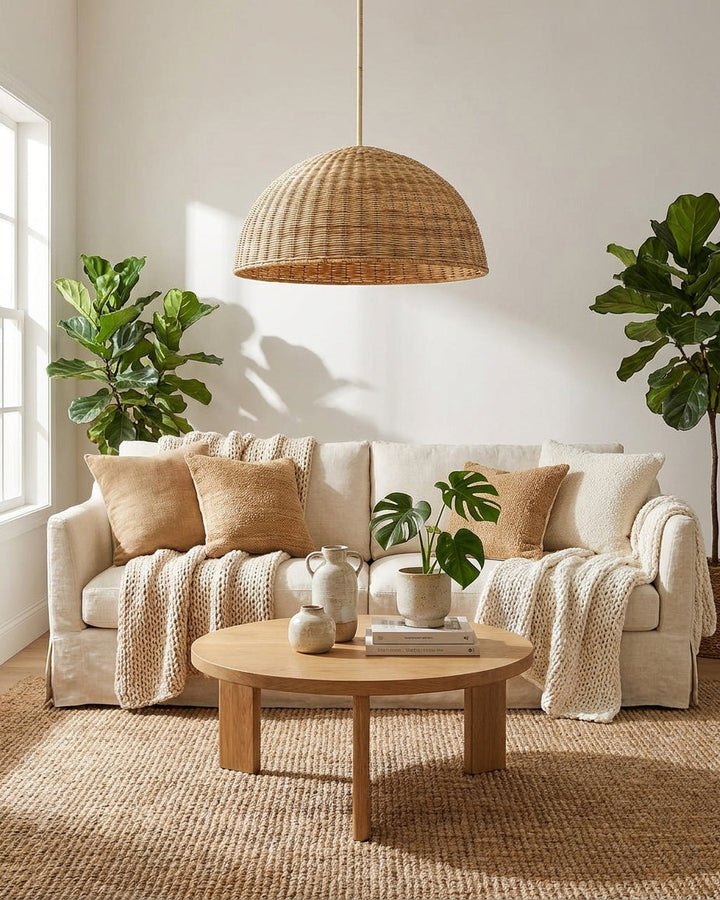 Rattan-Pendelleuchte mit natürlicher Flechtstruktur in halbrunder Form