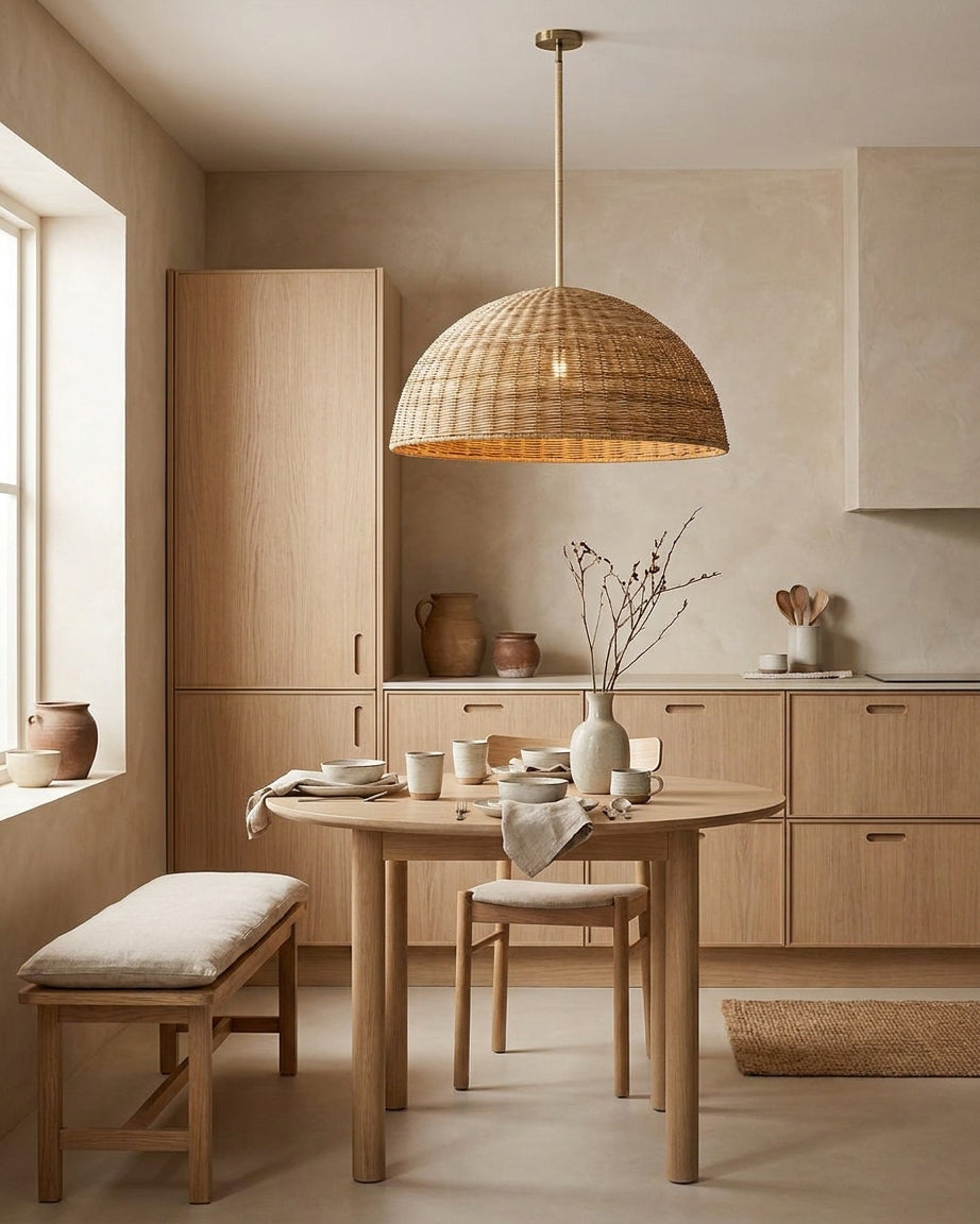 Dekorative Pendelleuchte aus Rattan im natürlichen Boho-Stil