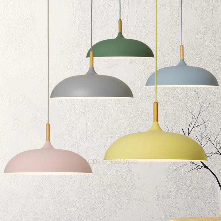 Scandinavian pendant lamp in pastel colors with wooden details